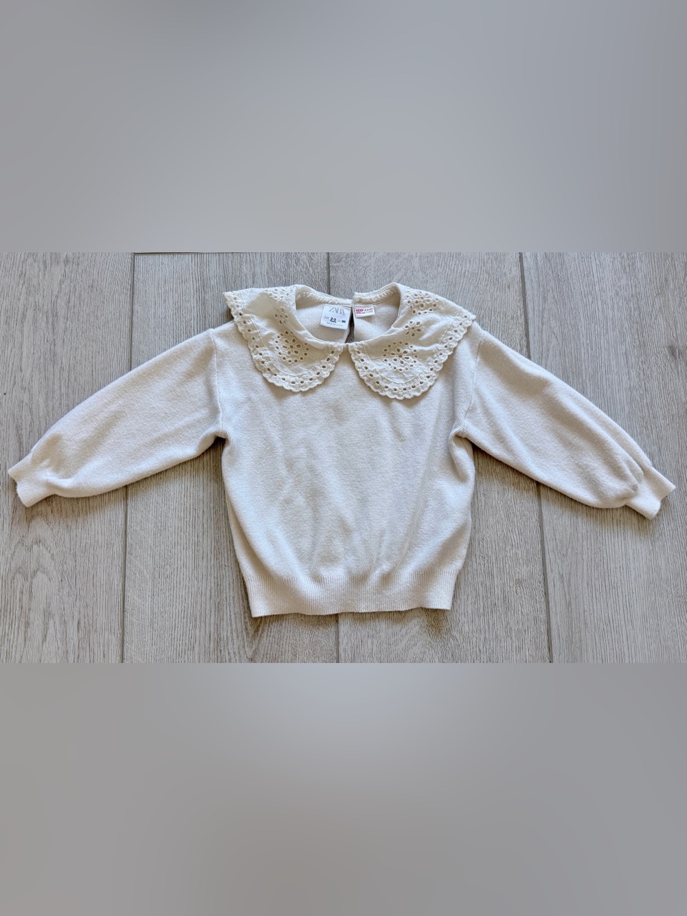 Zara Girls Sweater 2-3Y 98 Cream Eyelet Peter Pan Collar Puff Sleeve